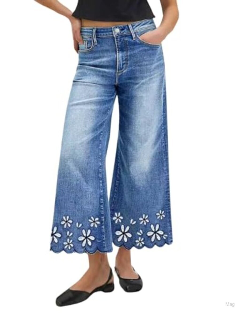 Boho Floral Embroidery Wide Leg Jeans High Waisted Cropped Denim Pants Y2k